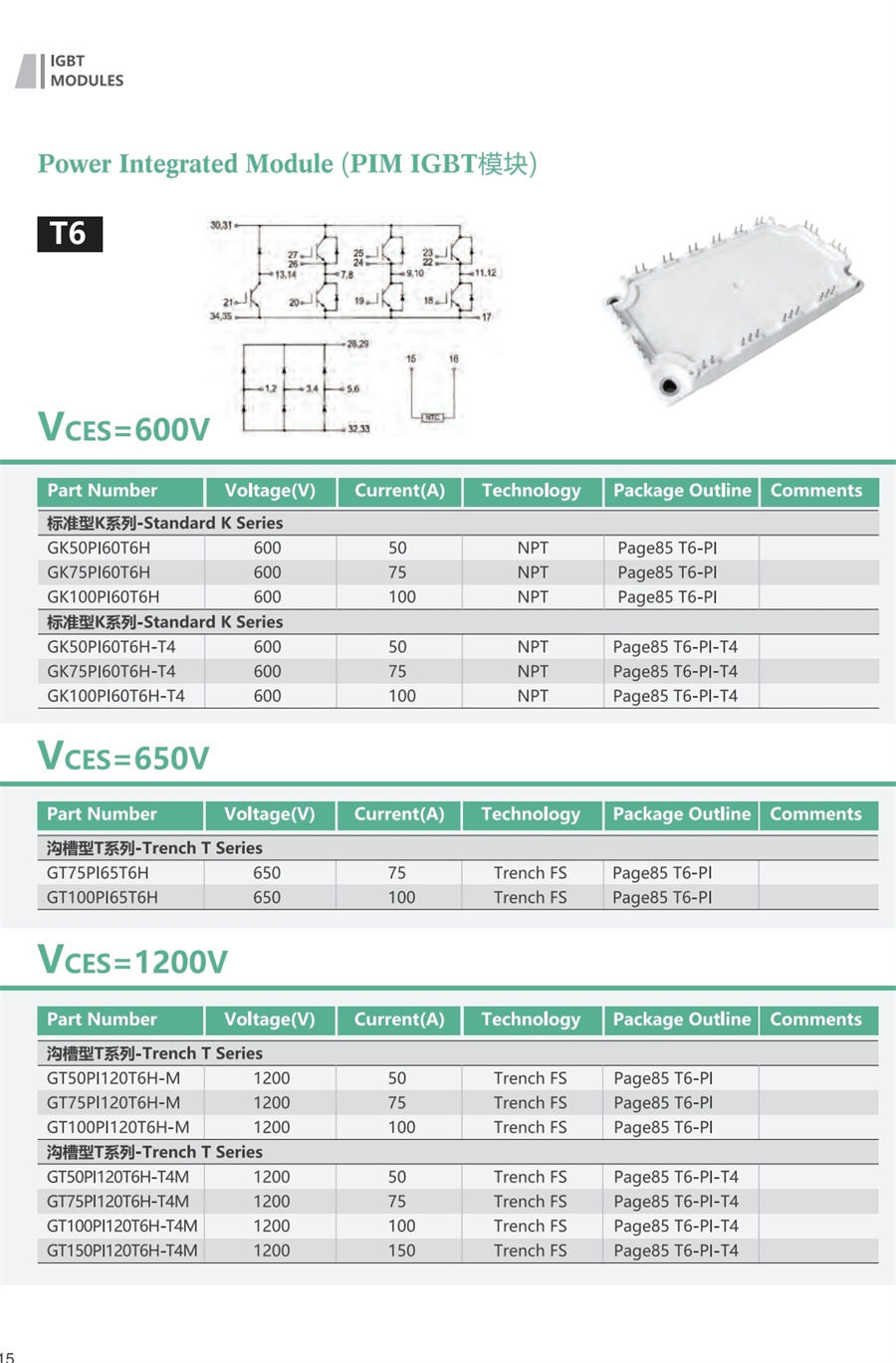 SILVERMICRO T6 系列 IGBT 模块 GK50PI60T6H GK75PI60T6H GK100PI60T6H GK50PI60T6H‑T4 GK75PI60T6H‑T4 GK100PI